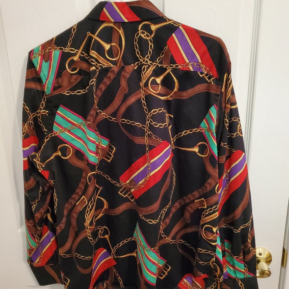 Ralph Lauren Dress Womens 1X Black Equestrian Print Blouse Ladies